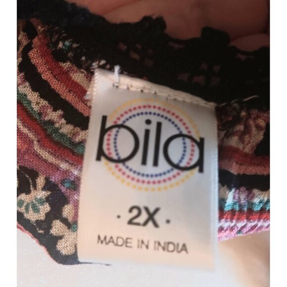 Bila Boho Cold Shoulder Crochet Trim Bell Sleeve Tunic Top 2x Fall Black Red - Picture 10 of 10